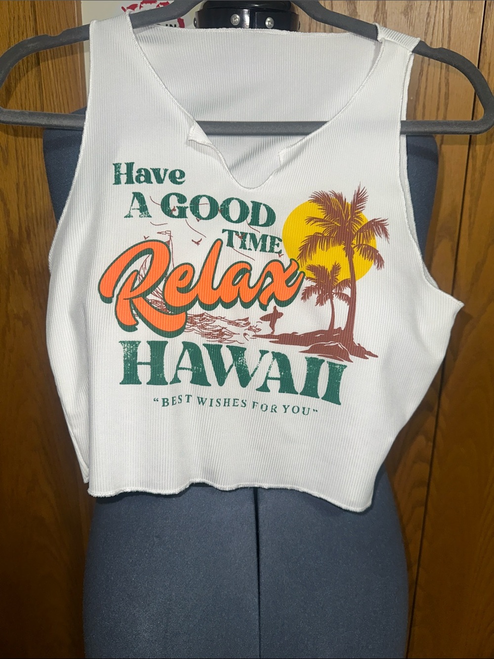 SHEIN White 'Relax Hawaii' Graphic Crop Tank with Orange Script